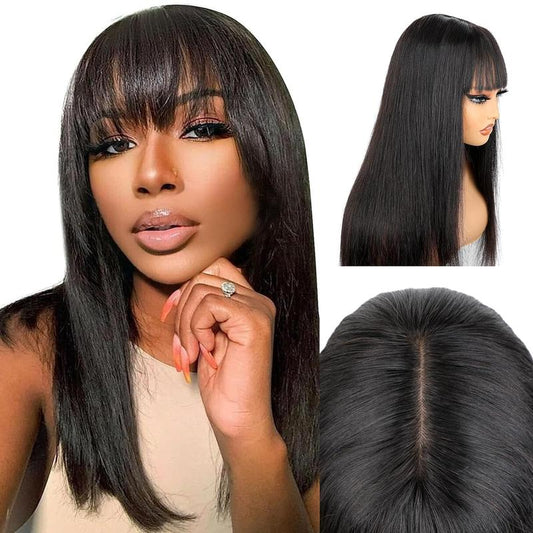 Straight Wigs with Bangs Human Hair 2x4 Lace Wig with Drawstring 180% Density Middle Part for Black Women Glueless Machine Made Wigs