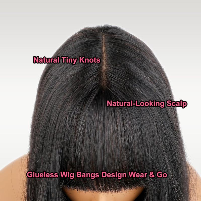 Straight Wigs with Bangs Human Hair 2x4 Lace Wig with Drawstring 180% Density Middle Part for Black Women Glueless Machine Made Wigs