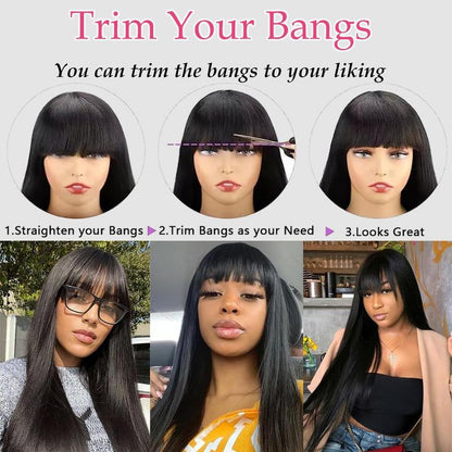 Straight Wigs with Bangs Human Hair 2x4 Lace Wig with Drawstring 180% Density Middle Part for Black Women Glueless Machine Made Wigs