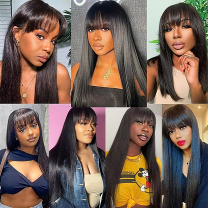 Straight Wigs with Bangs Human Hair 2x4 Lace Wig with Drawstring 180% Density Middle Part for Black Women Glueless Machine Made Wigs