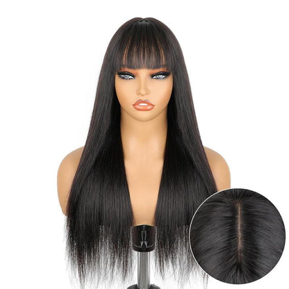 Straight Wigs with Bangs Human Hair 2x4 Lace Wig with Drawstring 180% Density Middle Part for Black Women Glueless Machine Made Wigs